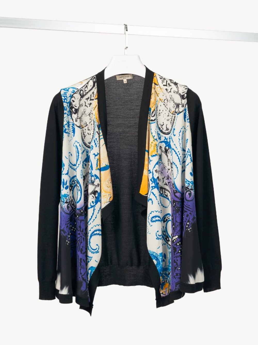 Etro Black Wool Paisley-Front Open-Front Waterfall Cardigan